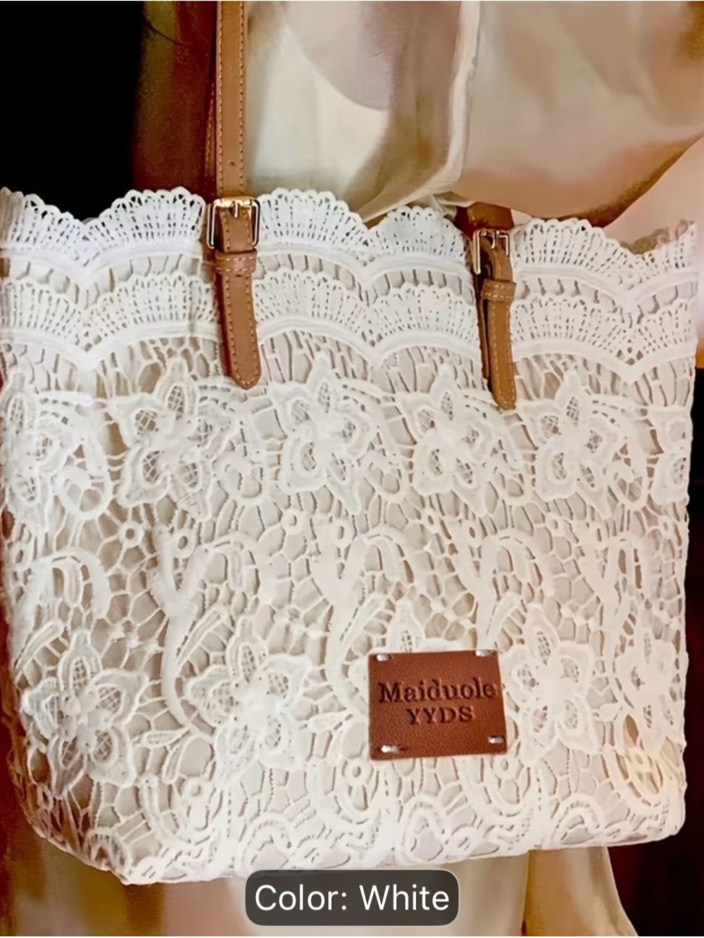 White Lace Tote Bag with Brown Straps